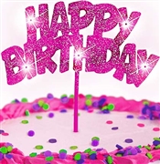 Pink Glitter Happy Birthday Cake Topper