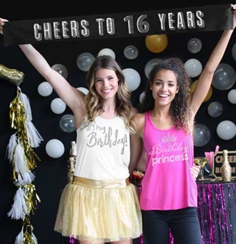 Cheers to 16 Years Silver Foil & Rhinestone Satin Banner